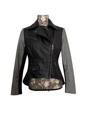 G.I.L.I. Black Leather Hi-Low Motorcycle Jacket w/ Woven Sleeves SZ 8 EUC